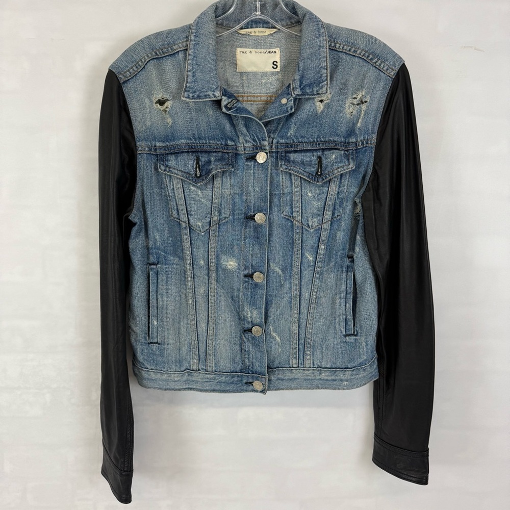 Rag &‎ Bone Distressed Denim Jacket Lamb Leather Sleeves Moto Style Jacket Small